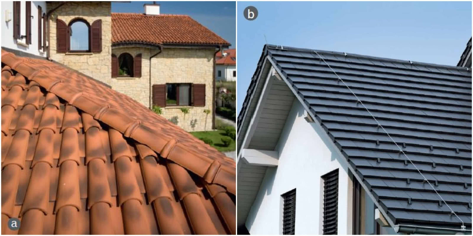 Dachówka ceramiczna w tradycyjnym kolorze i płaska dachówka w szarym kolorze.