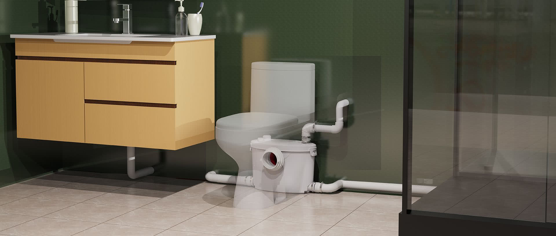 Przykład na odprowadzenie ścieków z WC, umywalki i prysznica za pomocą kompaktowej pompy z rozdrabniaczem. fot. Interum/WatermanPro Przykład na odprowadzenie ścieków z WC, umywalki i prysznica za pomocą kompaktowej pompy z rozdrabniaczem. fot. Interum/WatermanPro