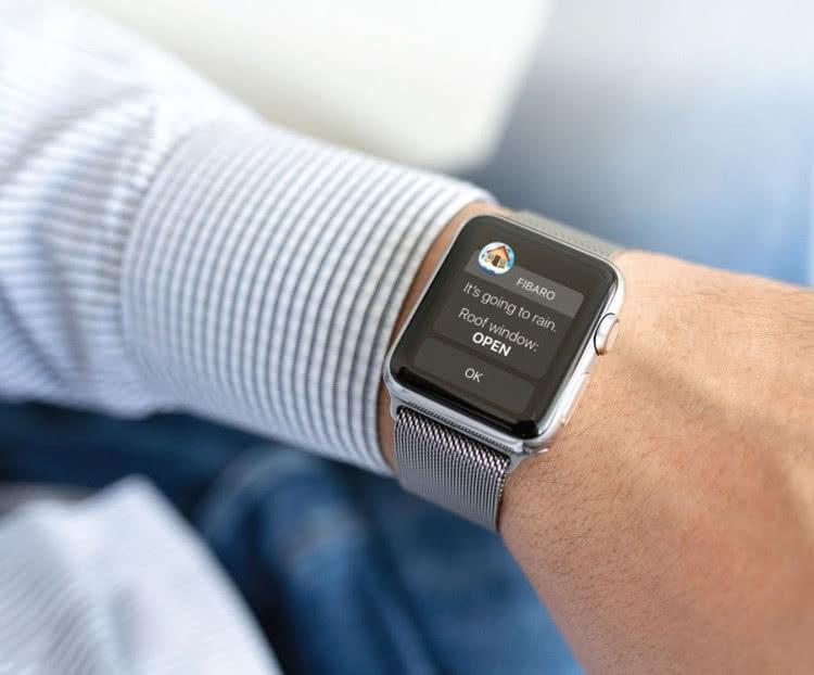 Wysłana przez smart dom informacja o zbliżającym się deszczu i otwartym oknie dachowym wyświetla się na smartwatchu właściciela budynku. 